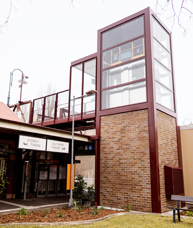 Moss Vale Station new lift from Argyle Street Ramp to platform and station building, showing courtyard also